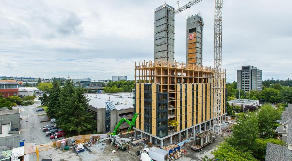 Two concrete cores and ground floor slab provide stability to the mass timber structure above. Two concrete cores and ground floor slab provide stability to the mass timber structure above.