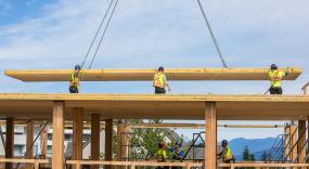 The mass timber structure is composed mainly of CLT panel floor slabs and GLT columns.