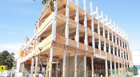 The lumber and mass timber elements used in the building were locally and regionally sourced, prefabricated and installed on site.